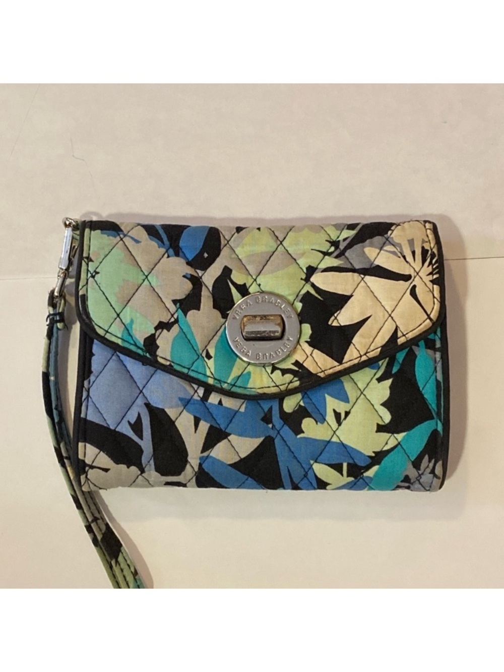 Vera Bradley Quilted Floral Wristlet in Teal, Blue, Black & Cream